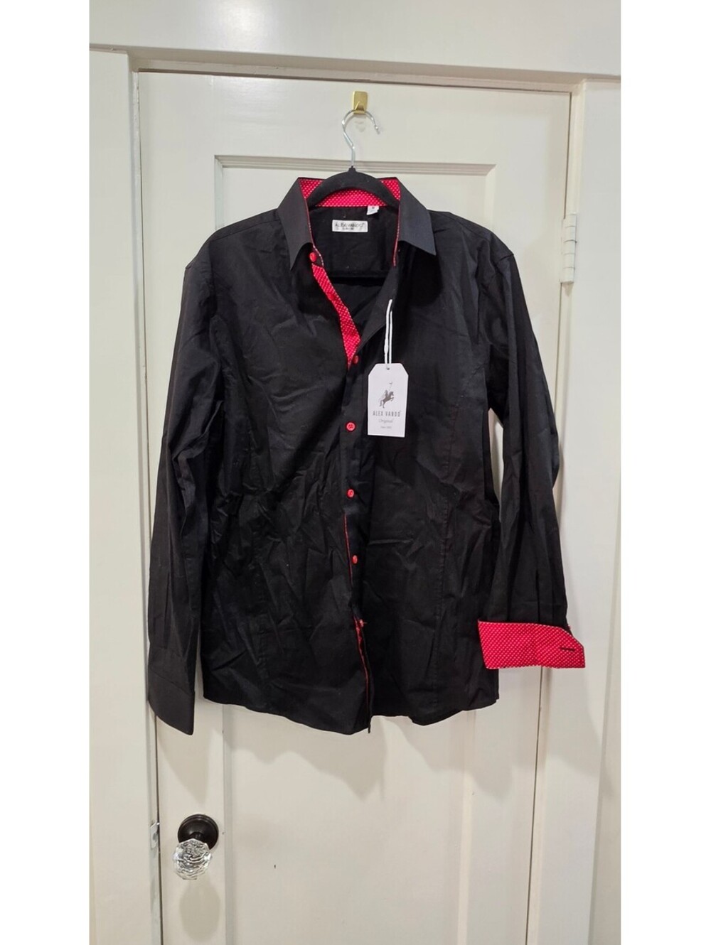 Alex Vando Men's Black Button-Up Shirt Size M with Red Polka Dot Accents